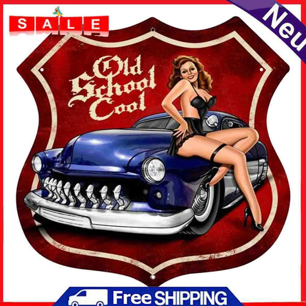 Sexy Car Lady Metal Tin Sign for Bar Pub Decorative Iron Painting Shield Shape
