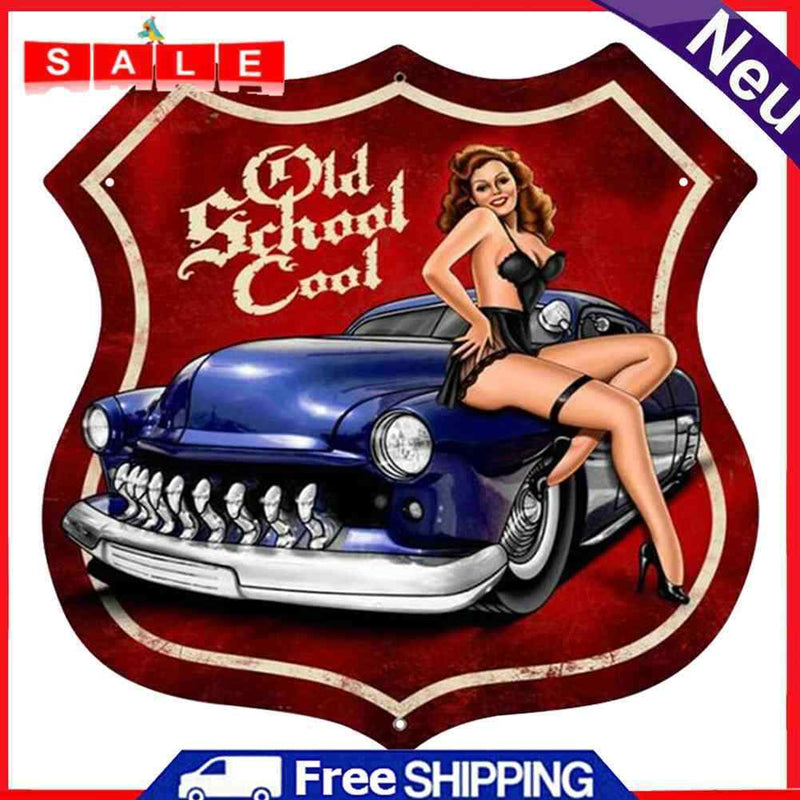 Sexy Car Lady Metal Tin Sign for Bar Pub Decorative Iron Painting Shield Shape