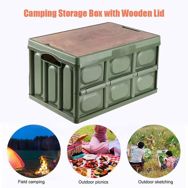 Folding Car Trunk Storage Box Wooden Lid Outdoor Camping Fishing Organizer Box