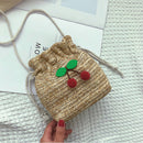 Female Pure Braided Messenger Purse Casual Cherry Handmade Straw Shoulder Bag