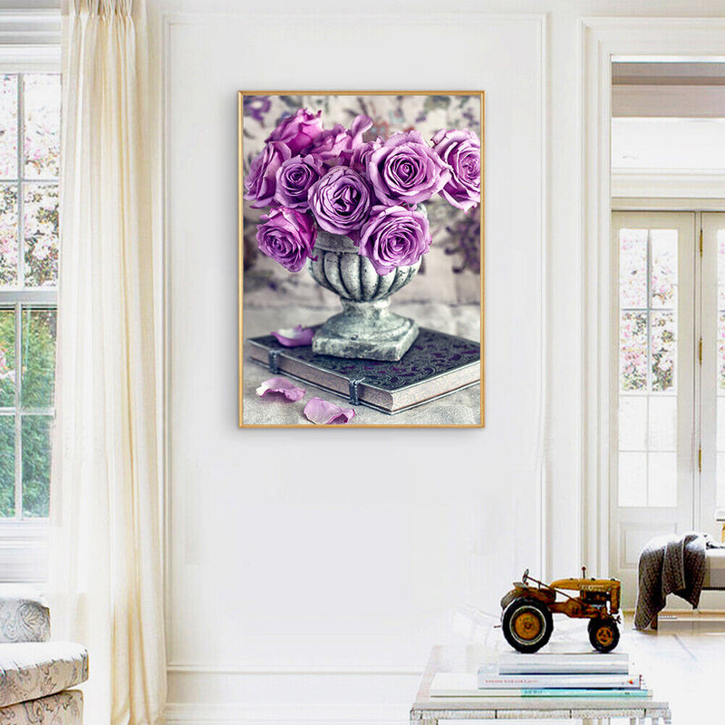 Full Drawing Diamond Drill Painting Round DIY Purple Rose 5D Home Decoration Kit