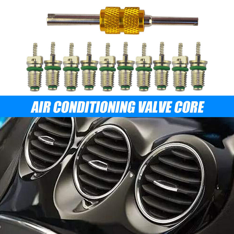 10pcs R134a Car A/C Air Conditioning Valve Cores Green + Valve Core Remover Tool