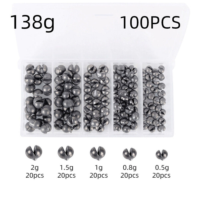 100pcs 0.2/0.5/0.8/1/1.5/2g Round Split Shot Fishing Weights Sinkers Assort