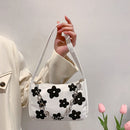 Women Chain Underarm Shoulder Bag Canvas Flower Print Handbags Tote (Black)