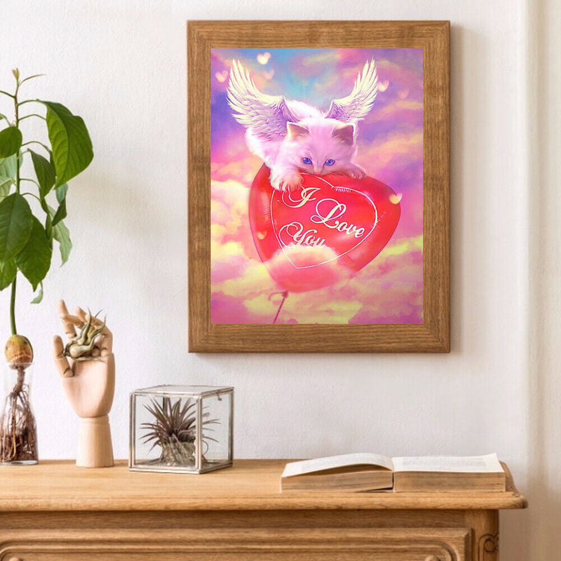 Handmade Angel Cat Heart 5D DIY Full Round Drill Drawing Kit Diamond Painting