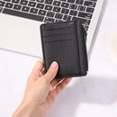 Women Retro Leather Purse Zipper Litchi Pattern Men Card Holder (Black)