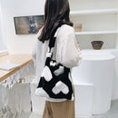 Fashion Women Love Print Plush Messenger Bag Autumn Winter Handbags (Black)