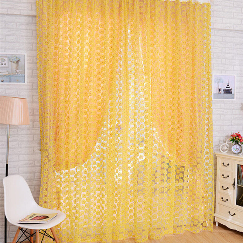 Balcony Window Curtain Rose Pattern Sheer Voile Tulle Valances Yellow