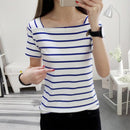Stripe Print T-shirts Women Summer Square Collar Patchwork Short Sleeve Tops