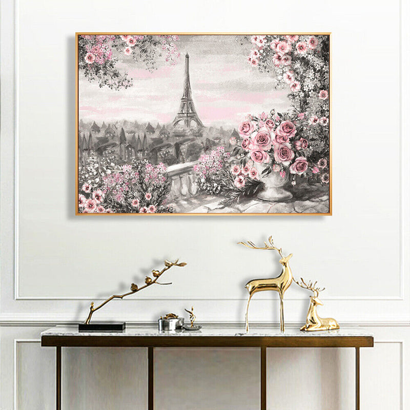 DIY Paint By Number Kit Iron Tower Pink Flowers No Frame Home Decoration
