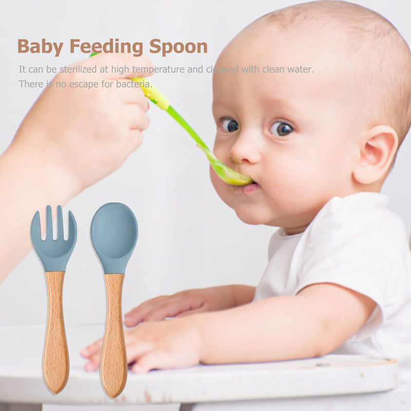 Baby Wooden Silicone Feeding Spoon Toddlers BPA-free Tableware (21) Newly