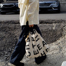Letters Pattern Print Retro Top-handle Handbag Women Large Canvas Shopping Bags
