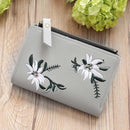 Flowers Embroid Women Short Wallet PU Leather Coin Card Holder Clutch/Grey