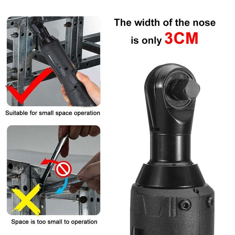 Electric 3/8'' Cordless Ratchet Right Angle Wrench Impact Power Tool 2 Batterys