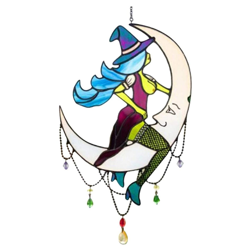 Stained Glass Halloween Witch On Moon Suncatcher Window Hangings Art Decoration