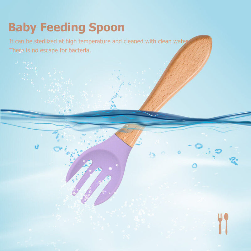 Baby Wooden Silicone Feeding Spoon Toddlers BPA-free Tableware (2) Newly