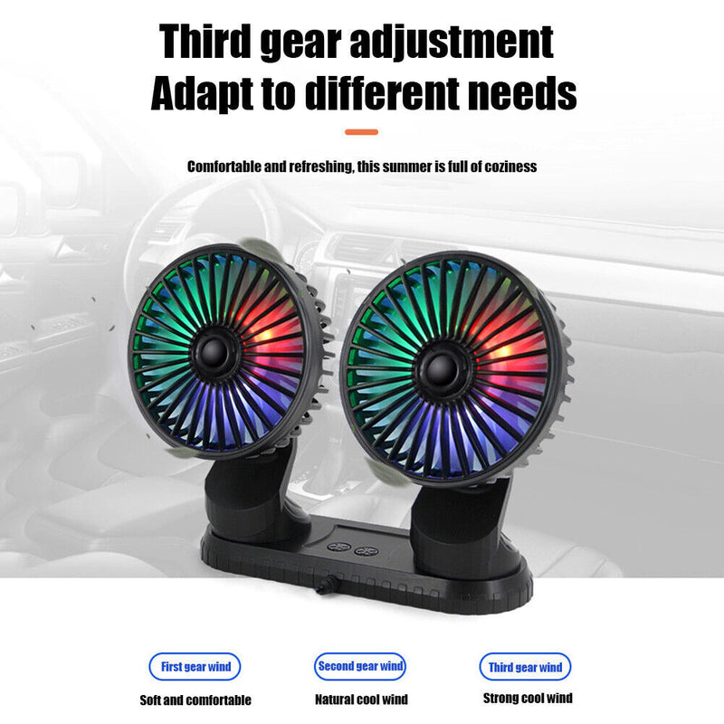 F404D Car Fan USB Dual Head Dashboard Fan with LED Lights for 12V 24V Truck SUV