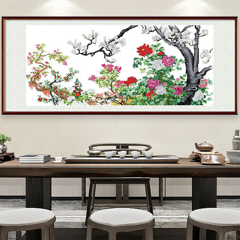 Partial Cross Stitch Flower Compete 14CT Printed Needlework Handmade Wall Art