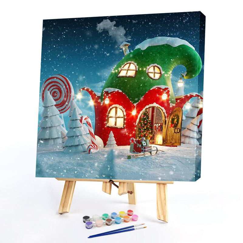 Hand Painted on Canvas DIY Christmas Cottage Oil Paint By Numbers Drawing Kit