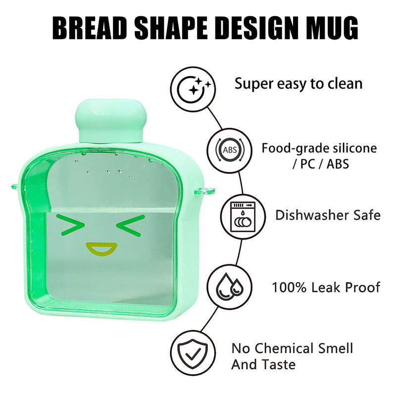 Clear Water Bottles Bread Shape Cup with Rotatable Threaded Lids (Green) Newly