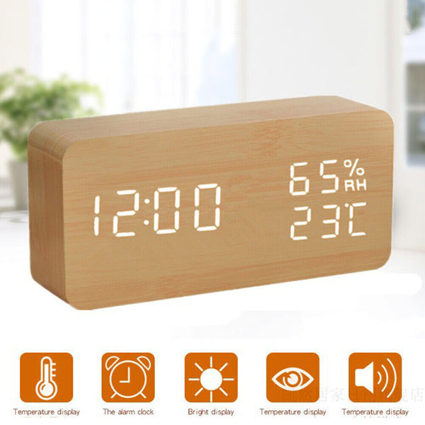 Alarm Clock LED Wooden Watch Table Voice Control Digital Wood Electronic Desktop