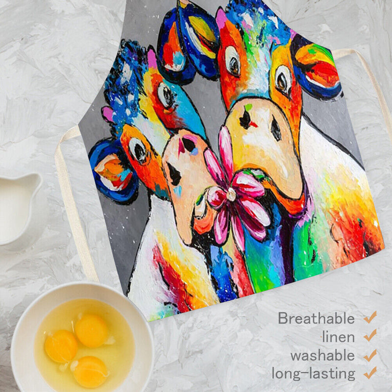 Oil Paint Cattle Print Kitchen Linen Apron Waterproof Bibs Pinafore for Women