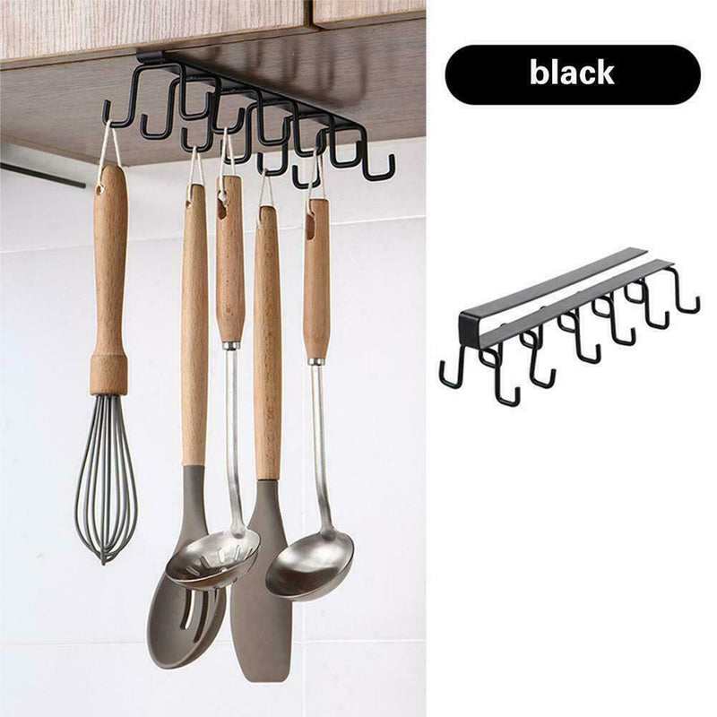 6 Hooks Cup Holder Kitchen Cabinet Shelf Storage Black Organizer Rack L2I1