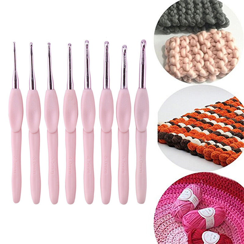 8pcs Plastic Handle Knitting Needles Hooks 2-6mm for Weaving Sewing Kit