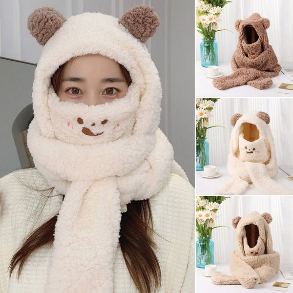 Winter Warm Windproof Beanies Caps Bear Ear Hat Hat Scarf Set Earflap Earmuff
