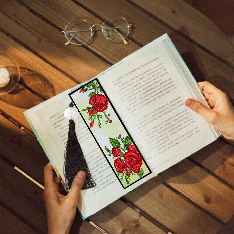 Tassel Red Flowers Leather DIY Special Shape Diamond Painting Bookmark Art Craft