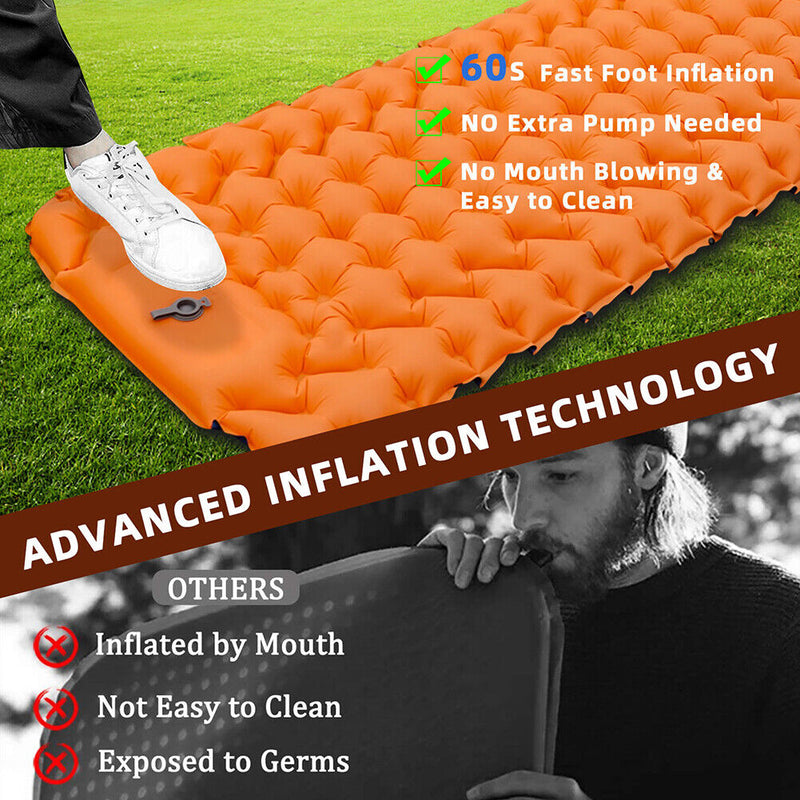 Outdoor Sleeping Pad Built-in Foot Air Pump Inflatable Mattress (Orange)