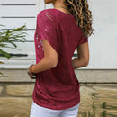 Women Print T-shirts Summer O Neck Short Sleeve Hollow Tops (Wine Red 2XL)