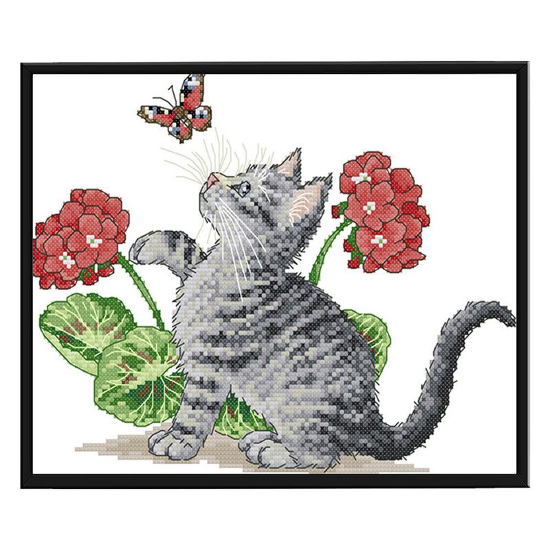14CT Printed Partial Cross Stitch Handcraft Flower Cat Artwork Wall Decor