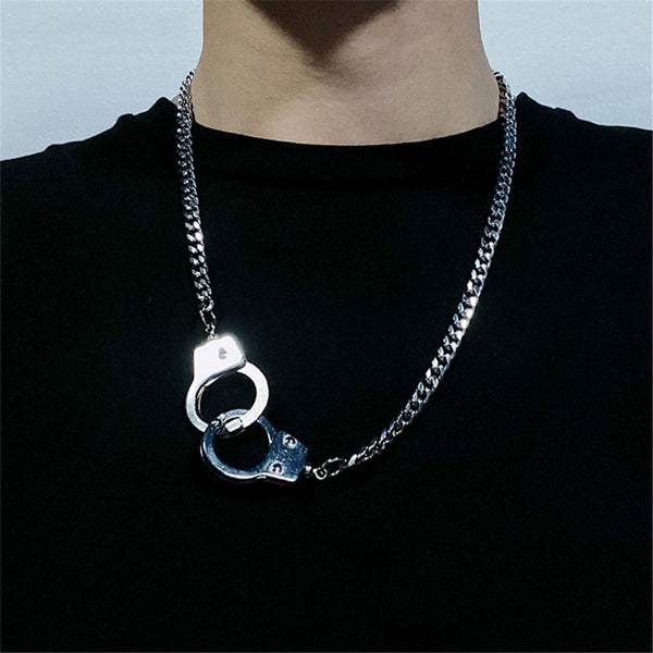 Women Mens Hip Hop Dark Gothic Punk Necklace Choker Handcuffs Pendant Chain