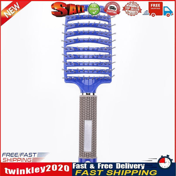 Plastic Nylon Anti-Static Hair Brush Curved Row Scalp Massager Comb (Blue) Newly