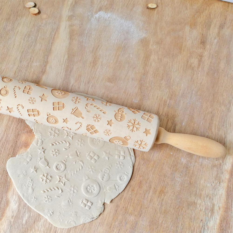 Wood Christmas Gift Embossed Rolling Pins Embossing Baking Cookies Kitchen Tool