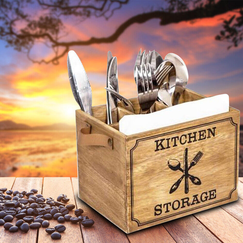 Wooden Cutlery Basket Kitchen Fork Chopstick Bucket Drainer Storage Box Newly