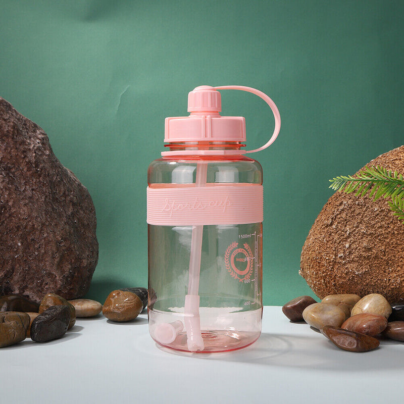 Portable Women Summer Gym Water Bottle Straw Large Capacity (Pink 1500ml) Newly
