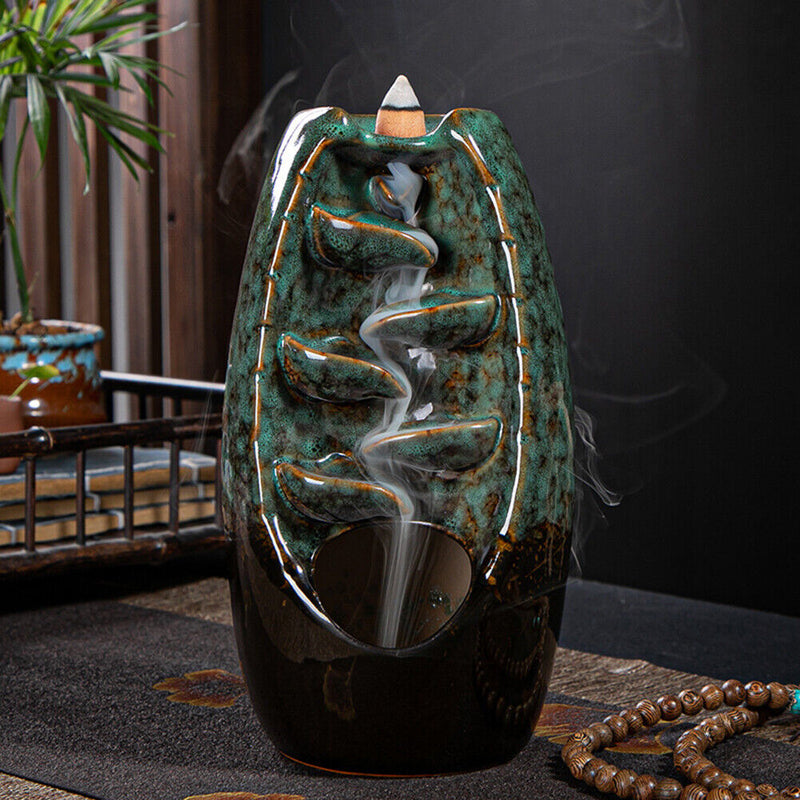 Incense Holder Ceramic Backflow Waterfall Incense Burner with 50 Cones (D) Newly