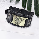 Woven Wide Leather Bracelet Men Adjustable Wolf Head Decor Jewelry Gift