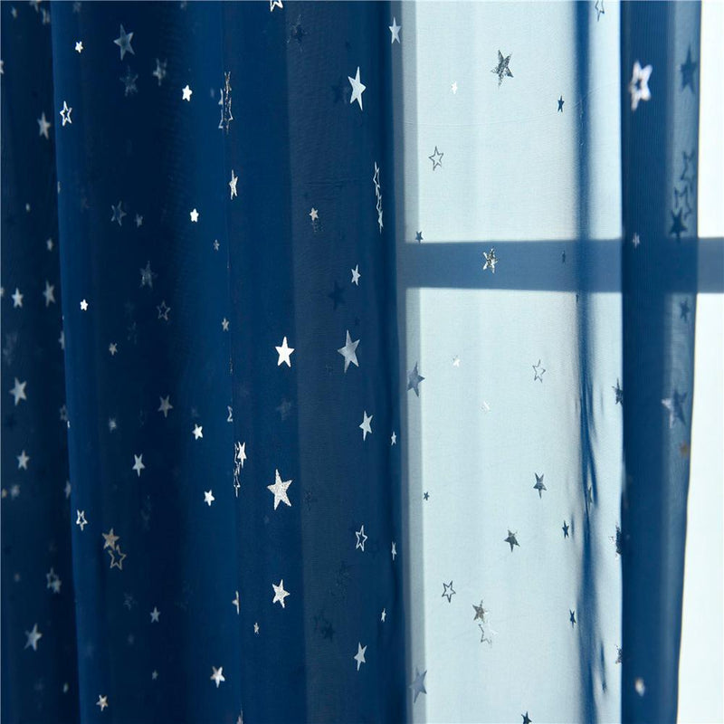 Star Print Tulle Curtains Window Drapes Sheer Purdah for Home(Dark Blue)