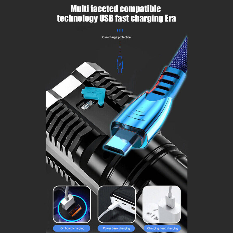 4 LED+COB Beads Flashlight for Outdoor Hiking Camping Rechargeable USB Portable