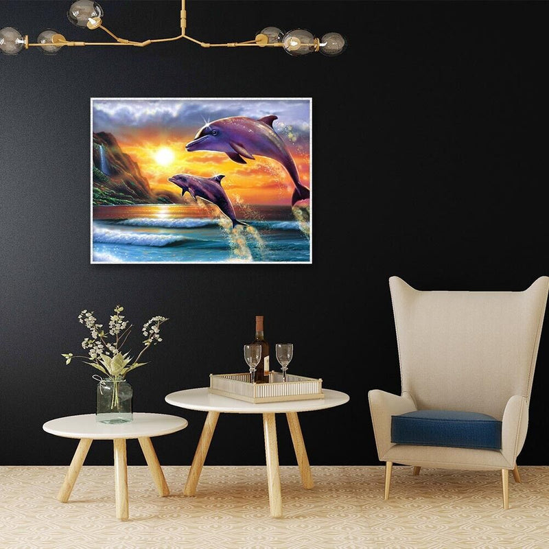 16x12 inch Full Round Diamond Painting Sunset Dolphin Mosaic Rhinestone Picture