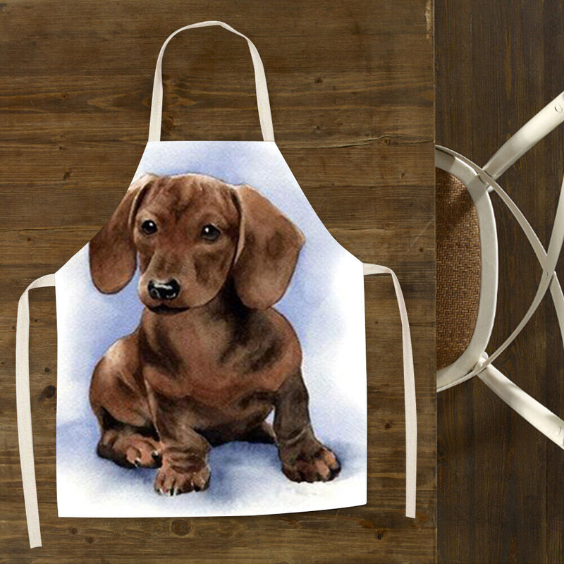 Hanging Neck Brown Dog Printed Linen Cleaning Apron Kitchen Cafe Home Pinafor