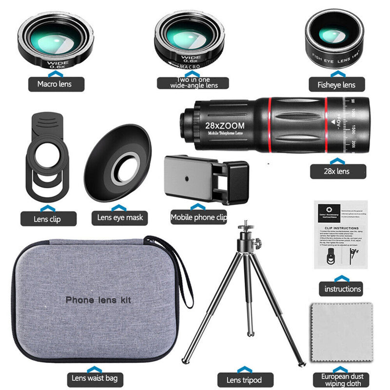 4 in 1 Camera Lens HD 28x Mobile Phone Lens Wide Angle Macro Lens for Smartphone