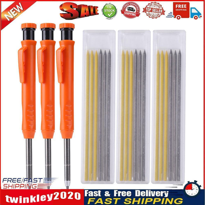 3pcs Solid Carpenter Pencils with 18 Refills Set Mechanical Marker Pencil Newly