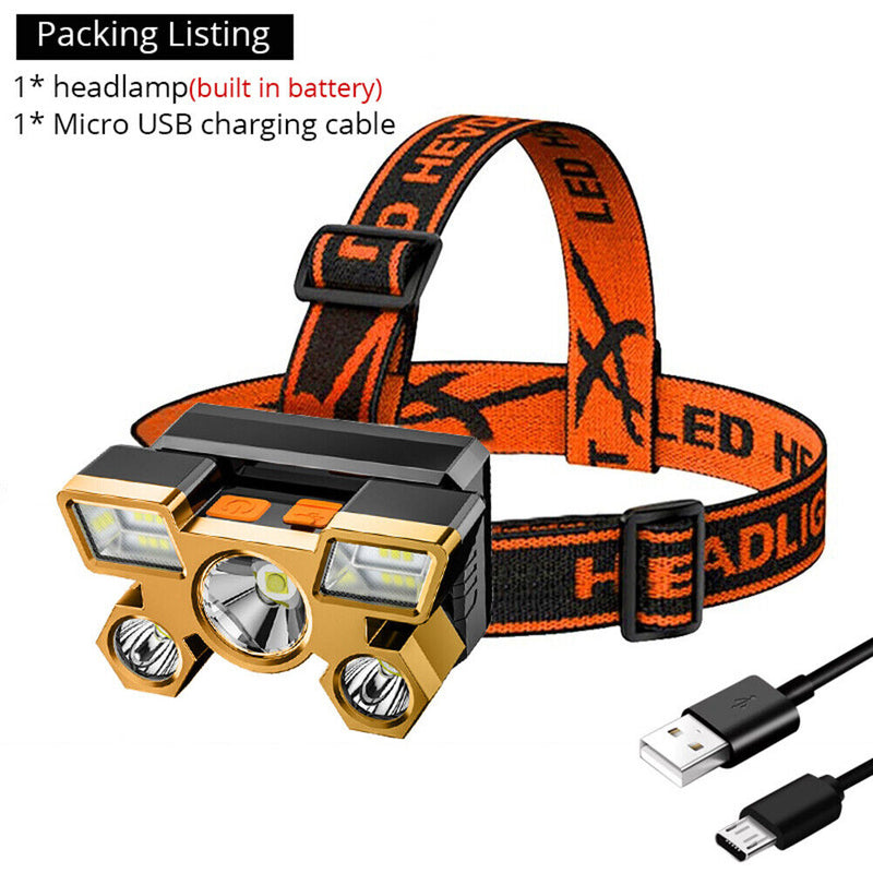 5xLED Beads 1200mAh Portable Night Fishing Headlight USB Rechargeable Headlamp