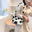 Women Retro Flower Print Hit Color Shoulder Bag Winter Plush Messenger Bags