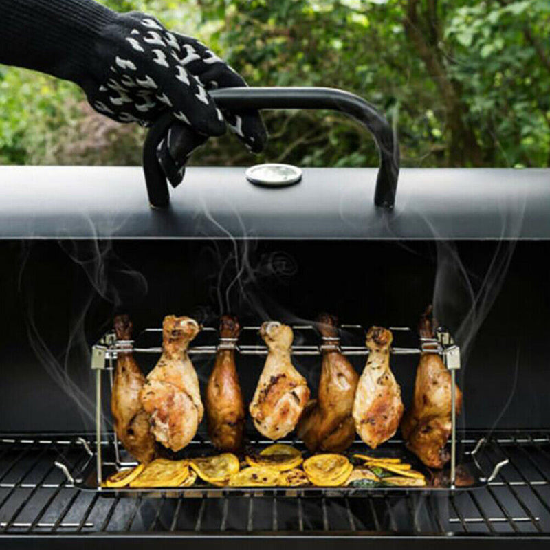 Folding Chicken Wing Leg Rack+Tray Stainless Steel Grill Roaster Stand BBQ