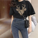 Women T-Shirt Short Sleeve Leopard Deer Print Summer Casual Tops (Black L)